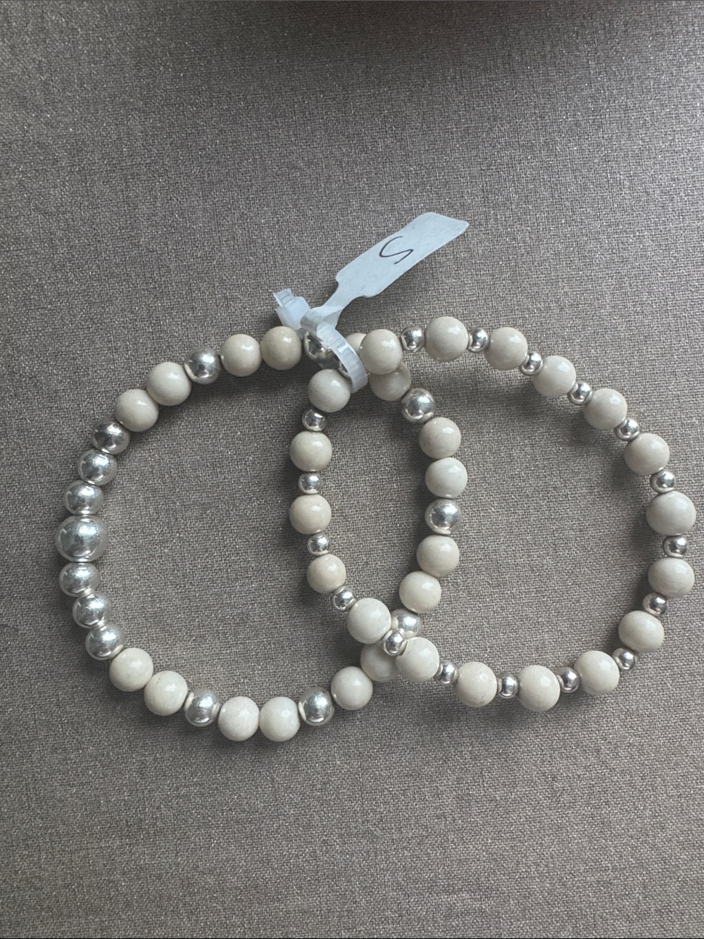 Neutral Cream Bead Stretch Bracelet Set with Sterling Silver Accents